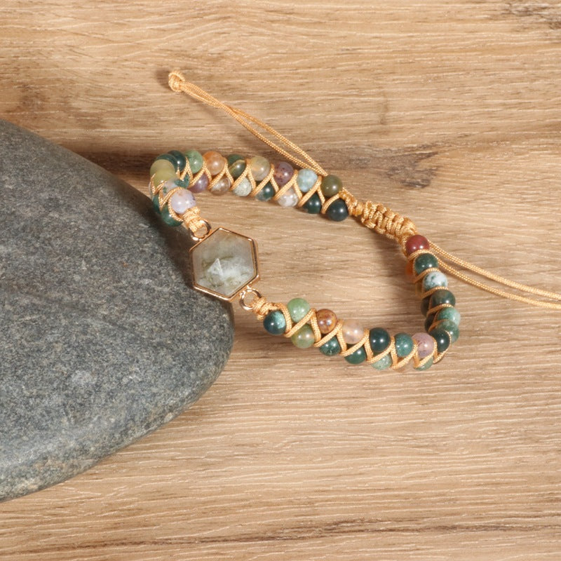 Indian Agate Hexagonal Charm Braided Bracelet