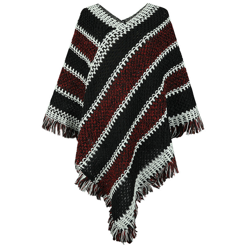 Contrast Color Striped Ethnic Style Tassel Pullover Cloak Shawl