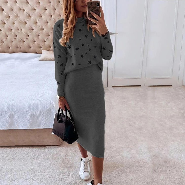 European And American Long Sleeve Printed Turtleneck Tight Casual Hip Skirt