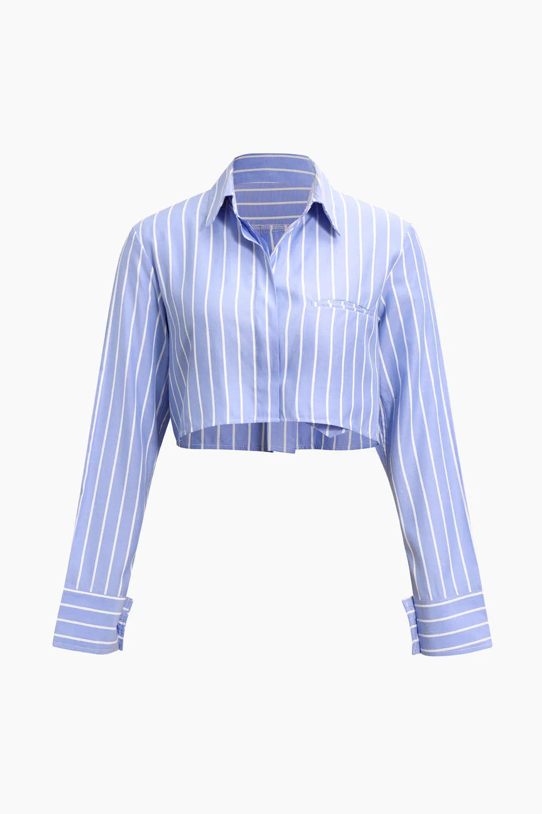 New Women's Lapel Stripe Pockets Decorate Long -sleeved Loose Short Shirt