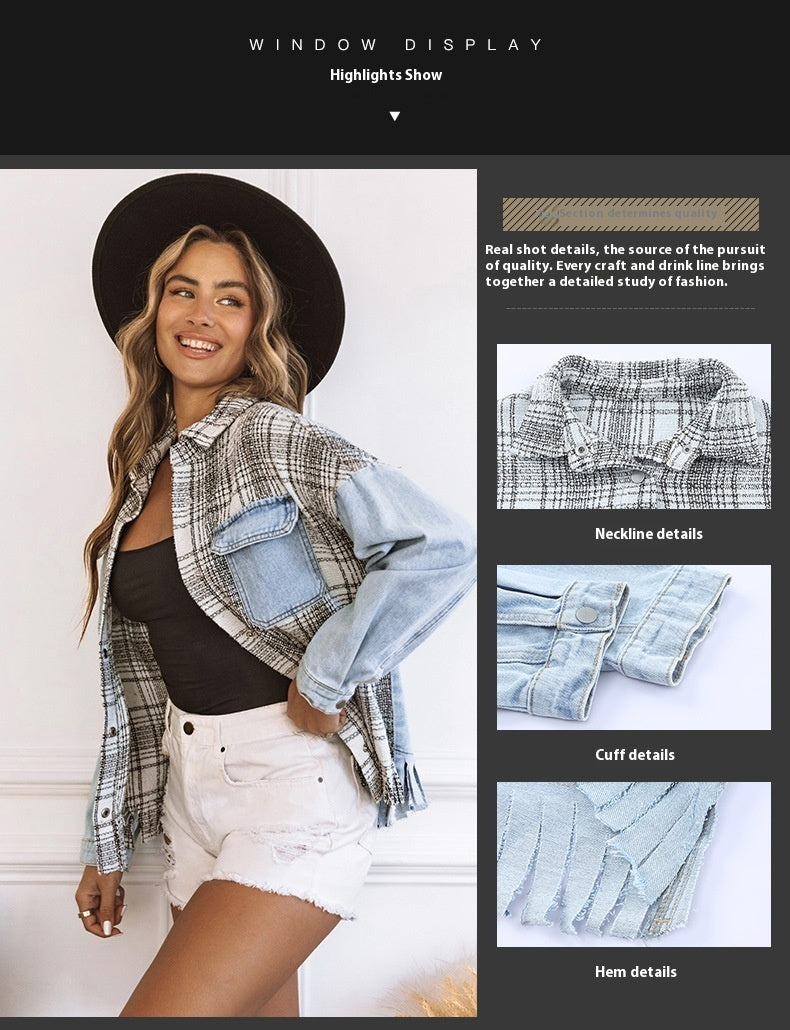 Plaid Patchwork Tassel Flap Pocket Denim Jacket