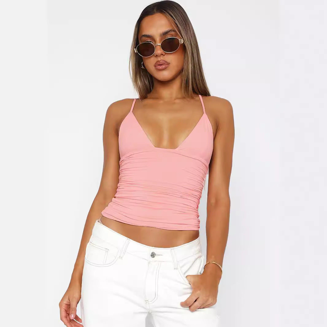 V-neck Solid Color Navel Exposed top