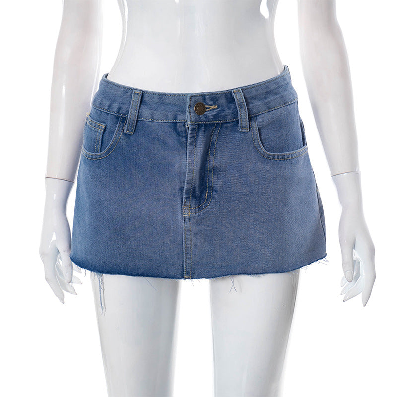 Women's Summer New Solid Color Buttons Zipper Pocket Short Denim Skirt