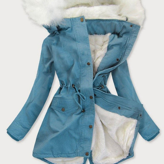 Fur Collar Hood Mid-length Denim Trench Coat