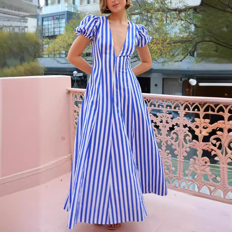 Fashion Striped Puff Sleeve Dress