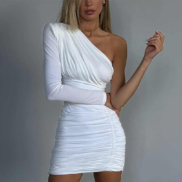 Slim-fit Pleated One-shoulder Long Sleeve Narrow Dress