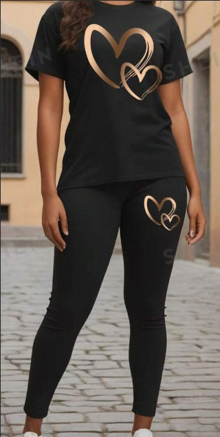 Heart Printed Short Sleeve T-Shirt And Leggings Set