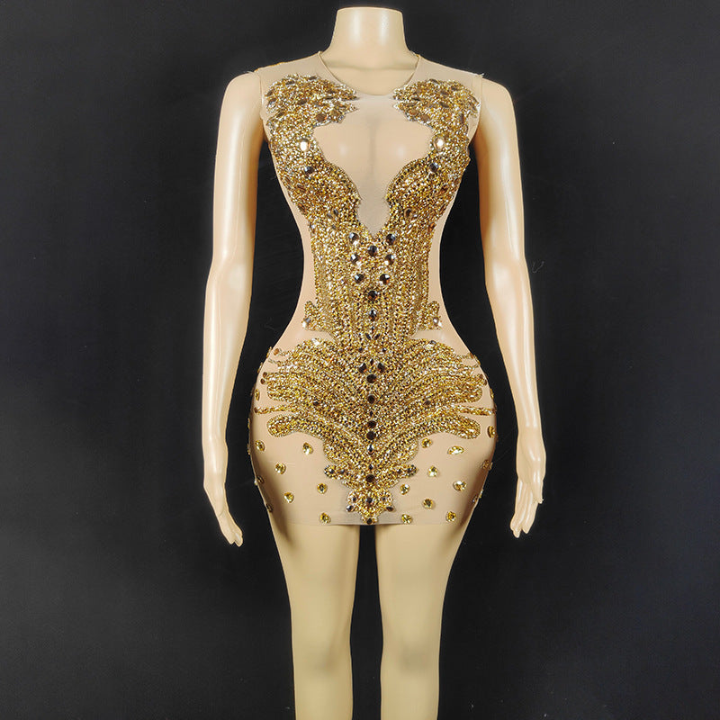 Solid Color See-through Rhinestone Tight Dress