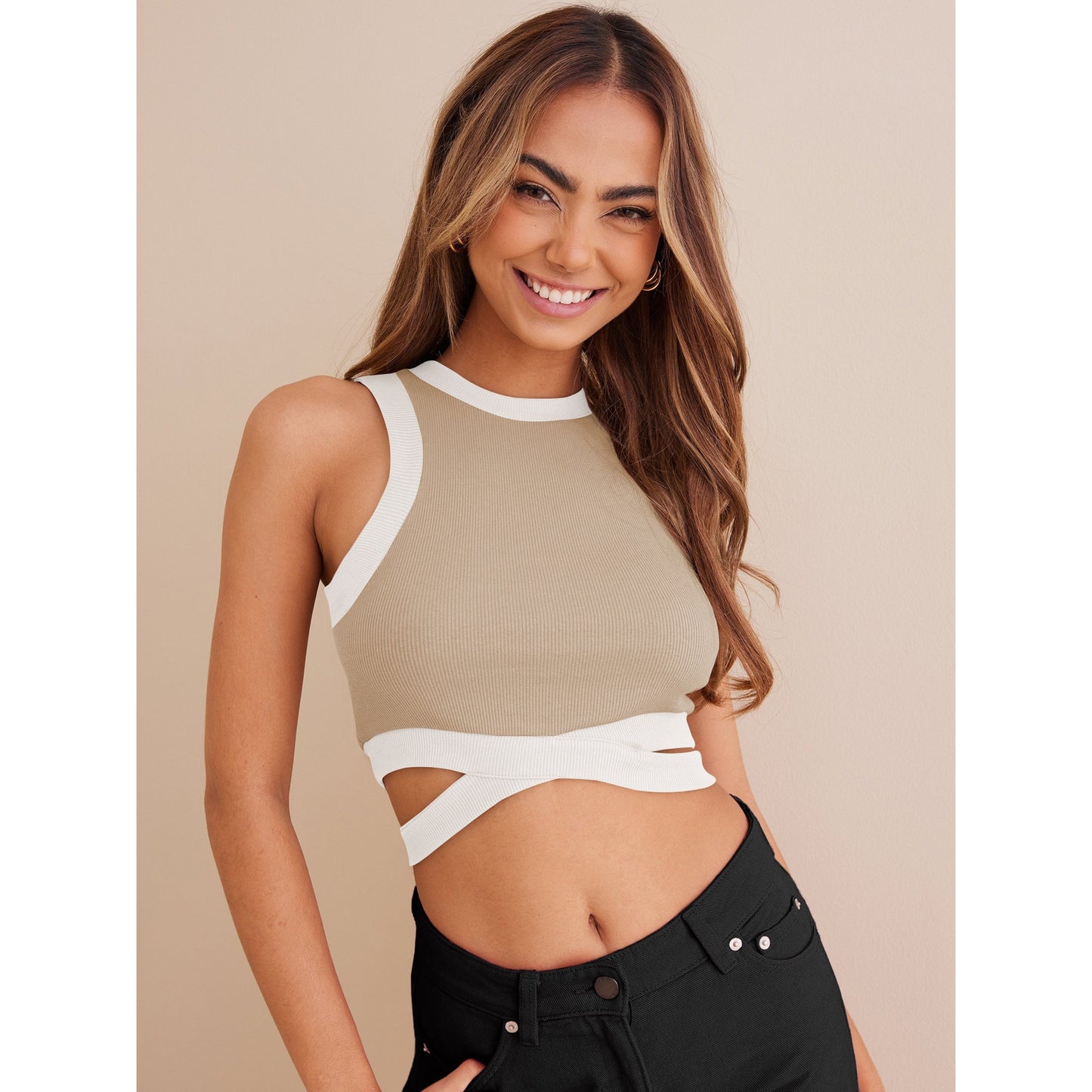 Short Cropped Cropped Tied Top Contrast Color Shirt