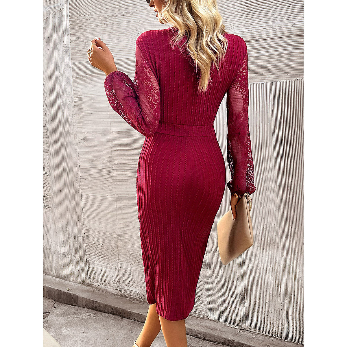 Fashion V-neck Slit Lace And Knitted Long-sleeved Dress