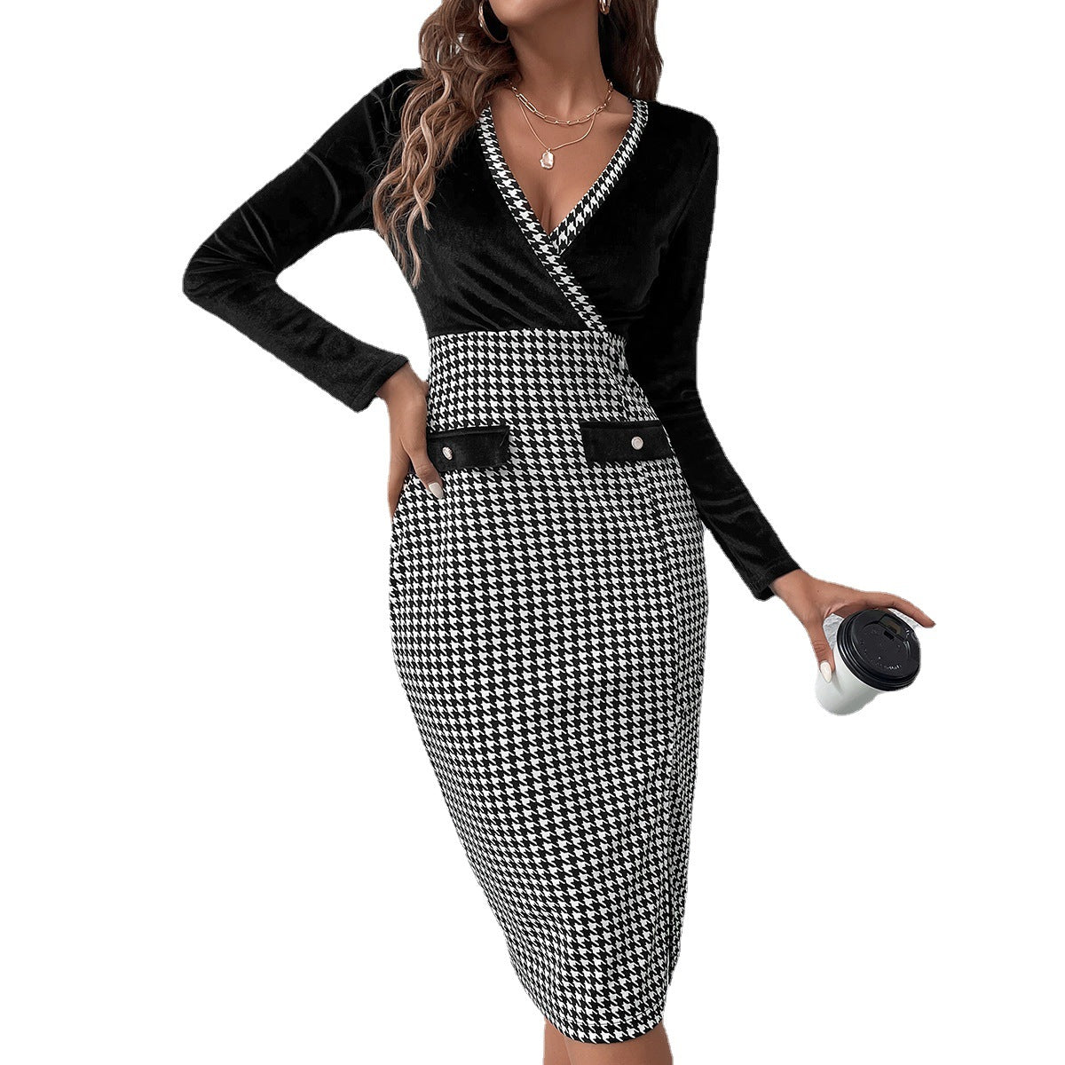 V-neck Patchwork Long Sleeve Houndstooth Hip-wrapped Mid-length Dress