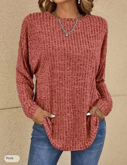 Knitted Round Neck Sunken Stripe Sweater