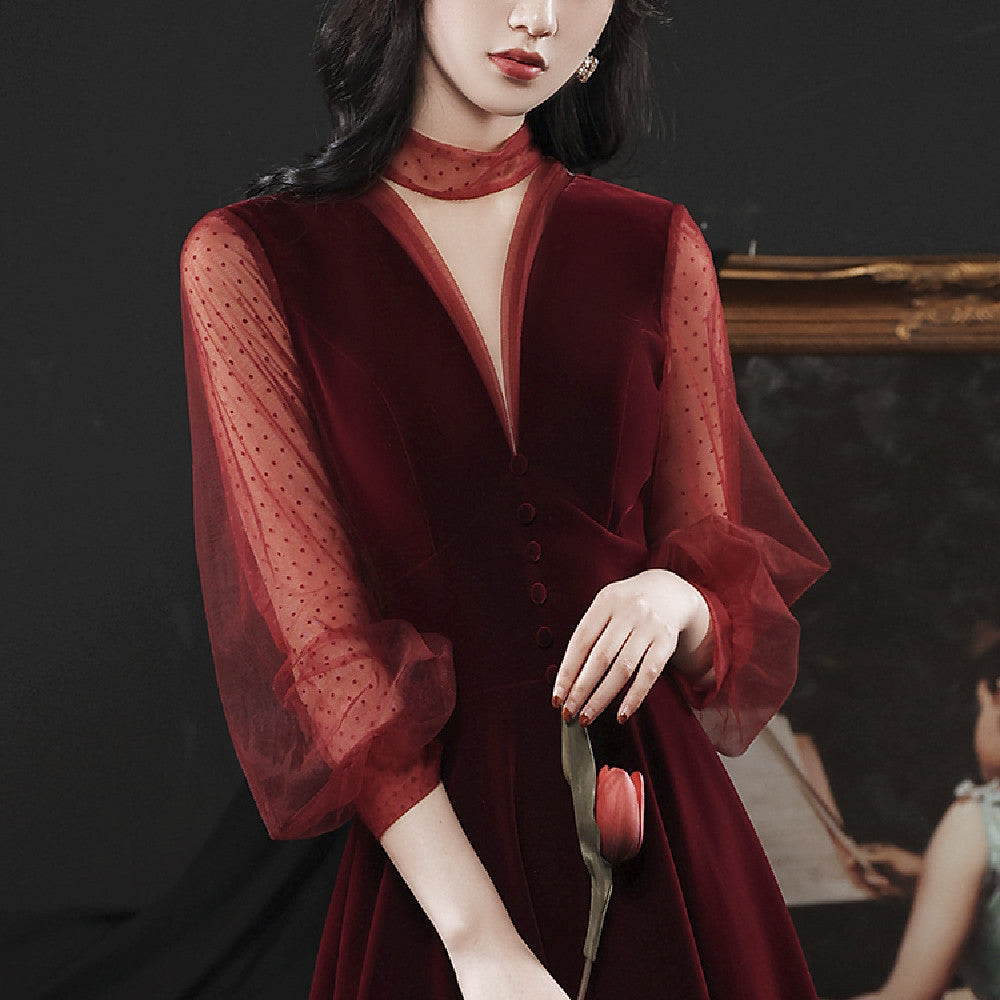 Women's Velvet Wine Red Banquet Dress