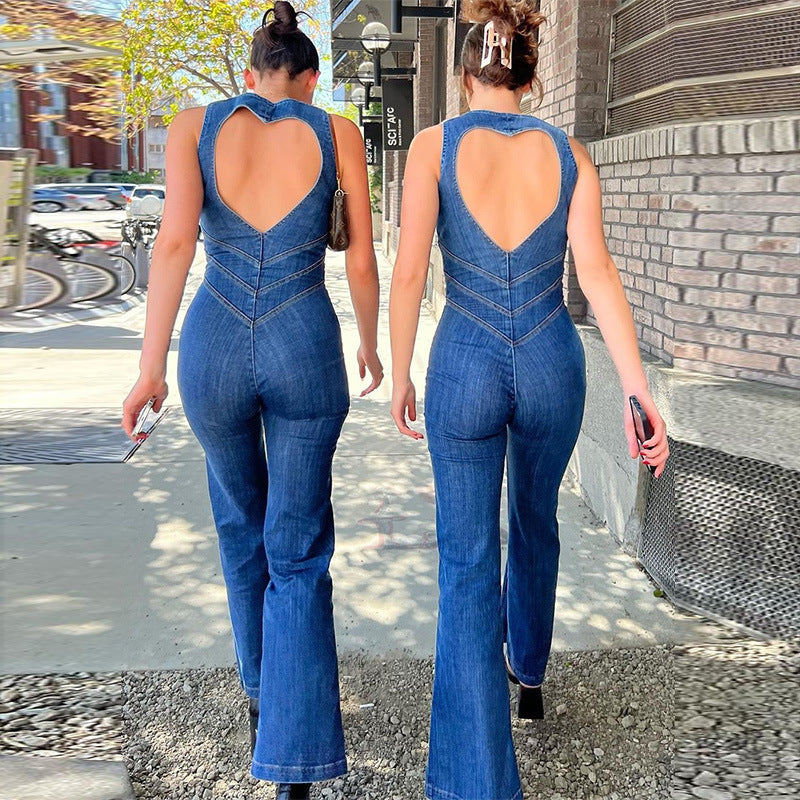 Backless Retro Style High Waist Denim Jumpsuit