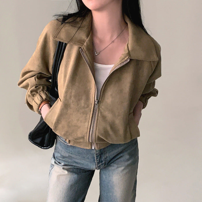 French Vintage Lapel Zip-up Suede Long Sleeves jacket