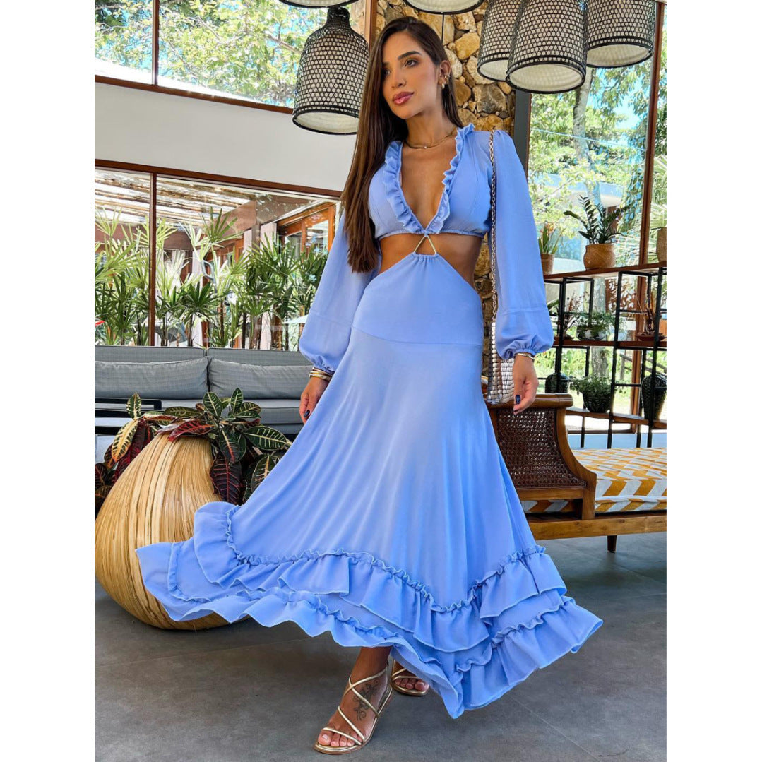 Blue Deep V-neck Midriff Outfit Women's Long Sleeve Long Dress