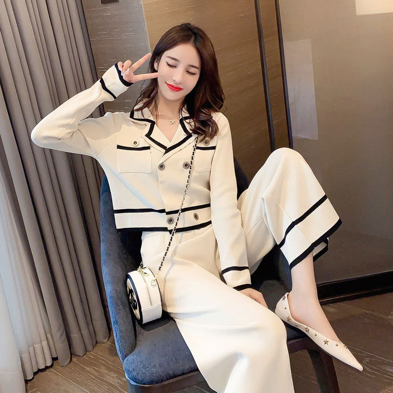 Wide-leg cropped Pants Two-piece Fashionable Knitted Sweater