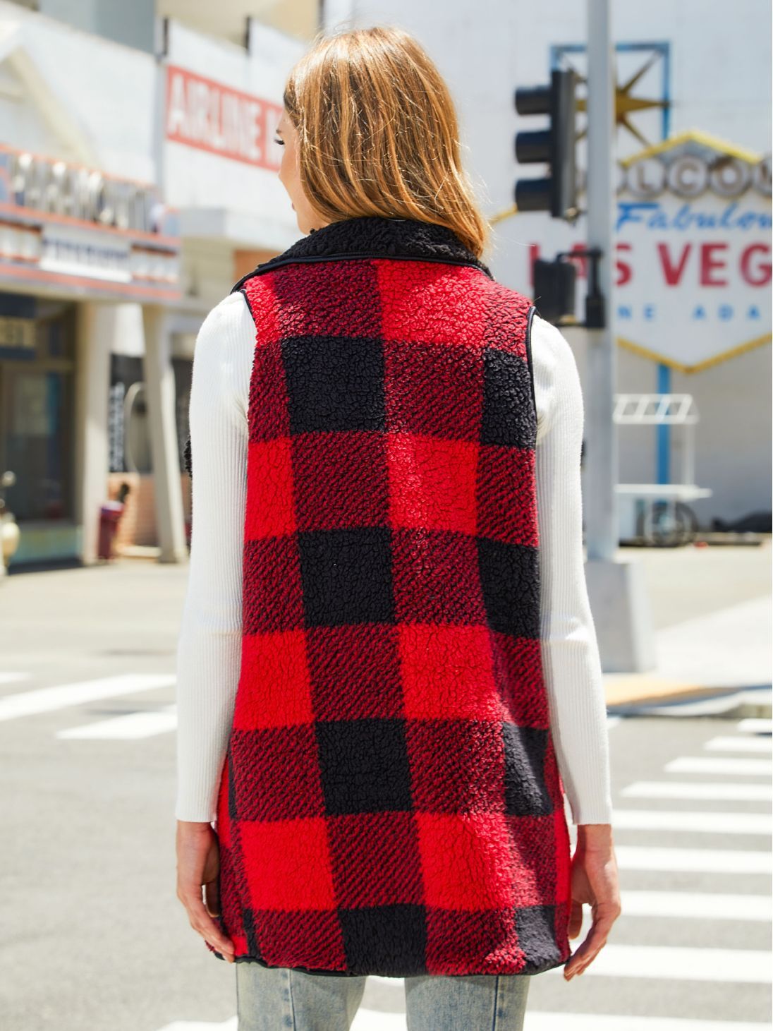 Cardigan Plaid Plush Vest Coat