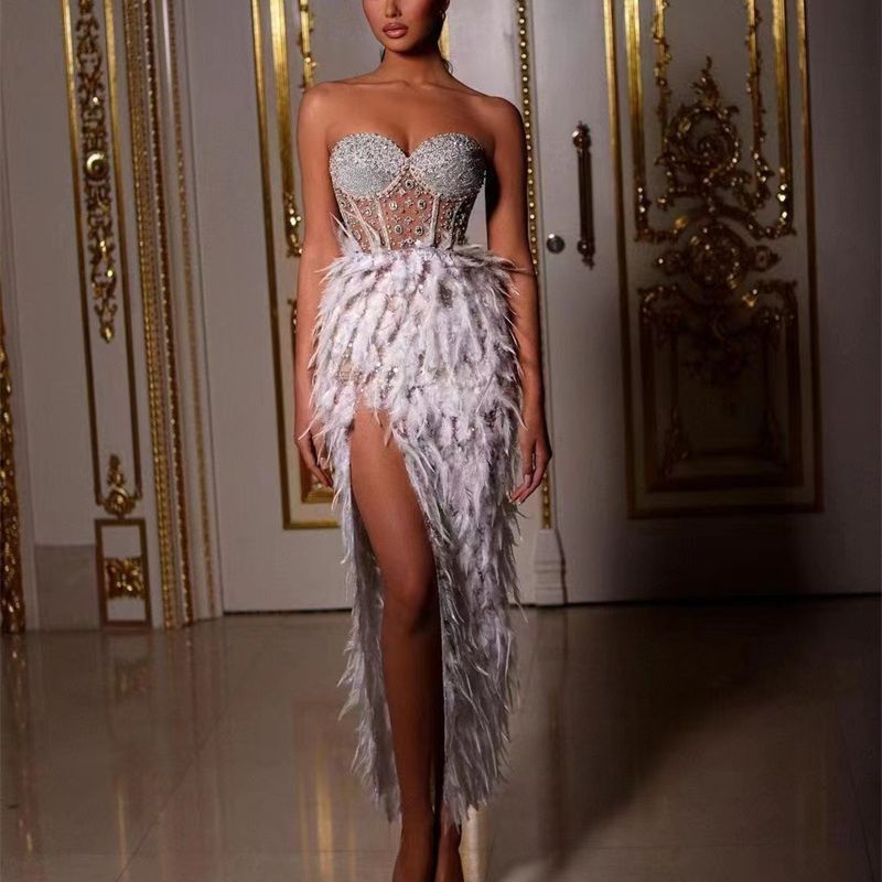 Gorgeous Feather Rhinestone Beaded See-through High Slit Tube Top Dress