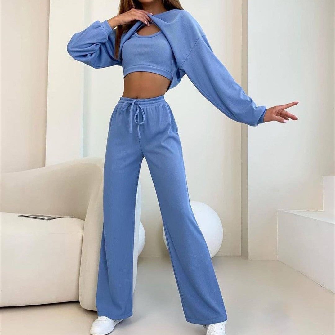 Fashion Round Neck Short Long-sleeved Top And Trousers Suit