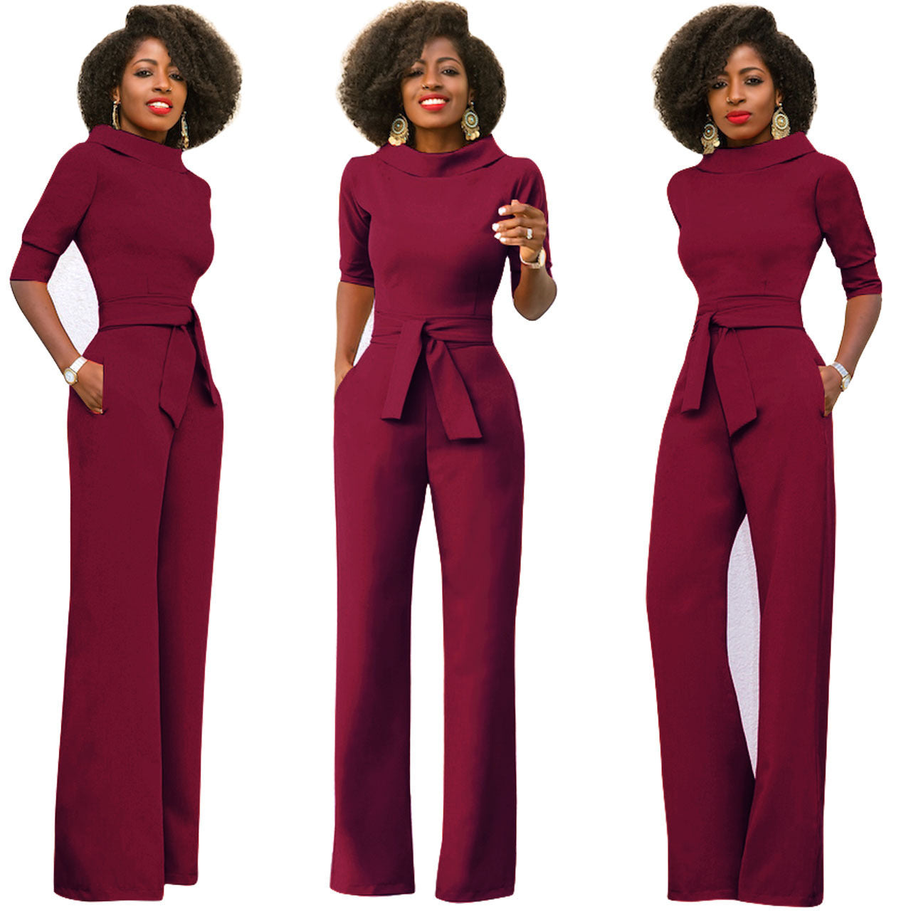 Solid Color Five Quarter Sleeve High Waist Wide Leg Jumpsuit