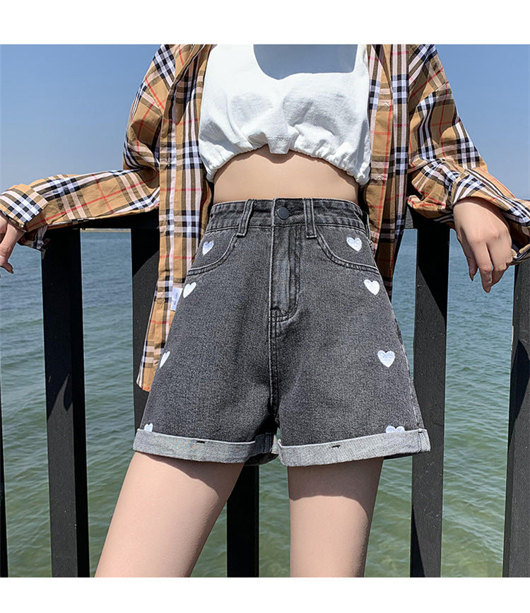 Hearts cute High-Waist Slimming Denim Shorts