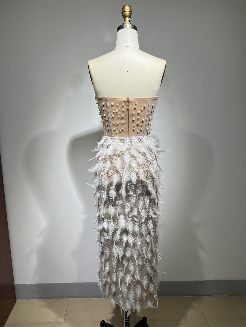 Gorgeous Feather Rhinestone Beaded See-through High Slit Tube Top Dress