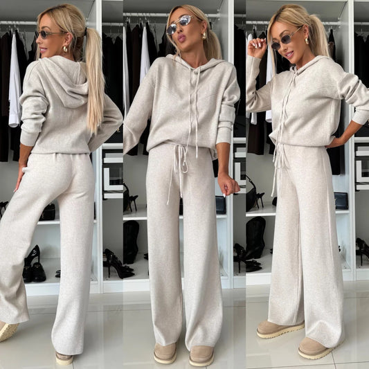 Women's Solid Color Hooded Long Sleeved Sweatshirt Wide Leg Pants Set