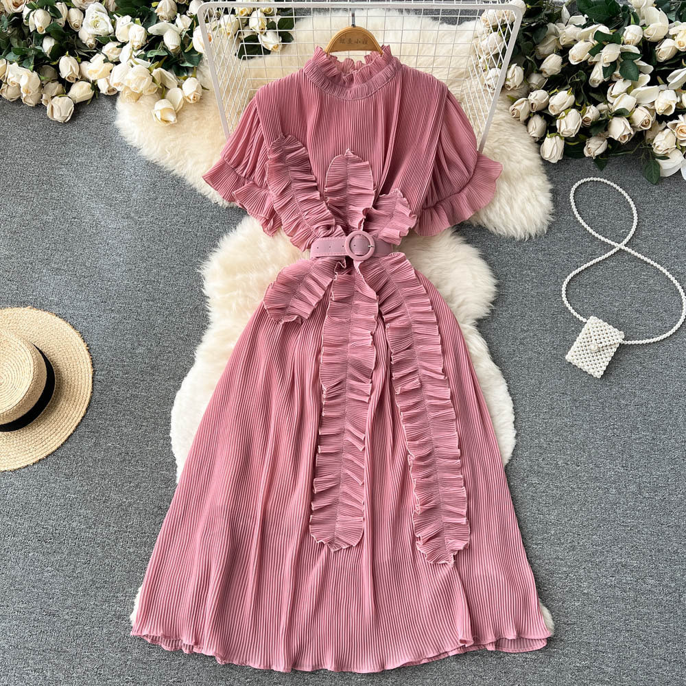 Pleated Ruffled Short Sleeves Dress Seaside Holiday Waist-slimming Long Dress