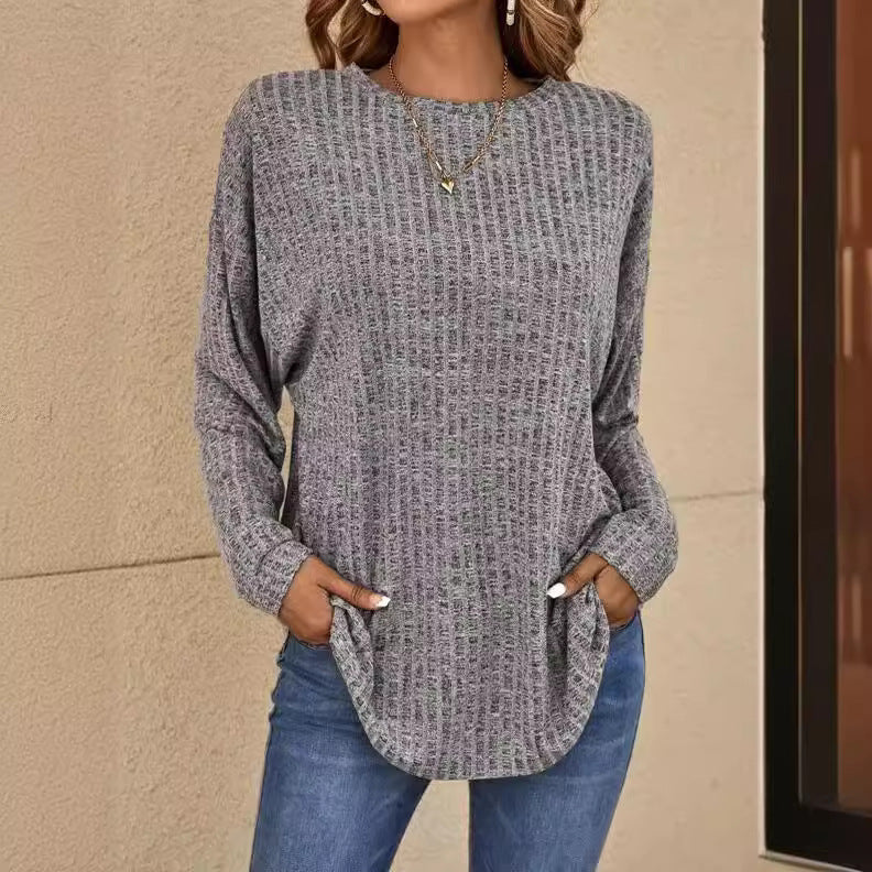 Knitted Round Neck Sunken Stripe Sweater