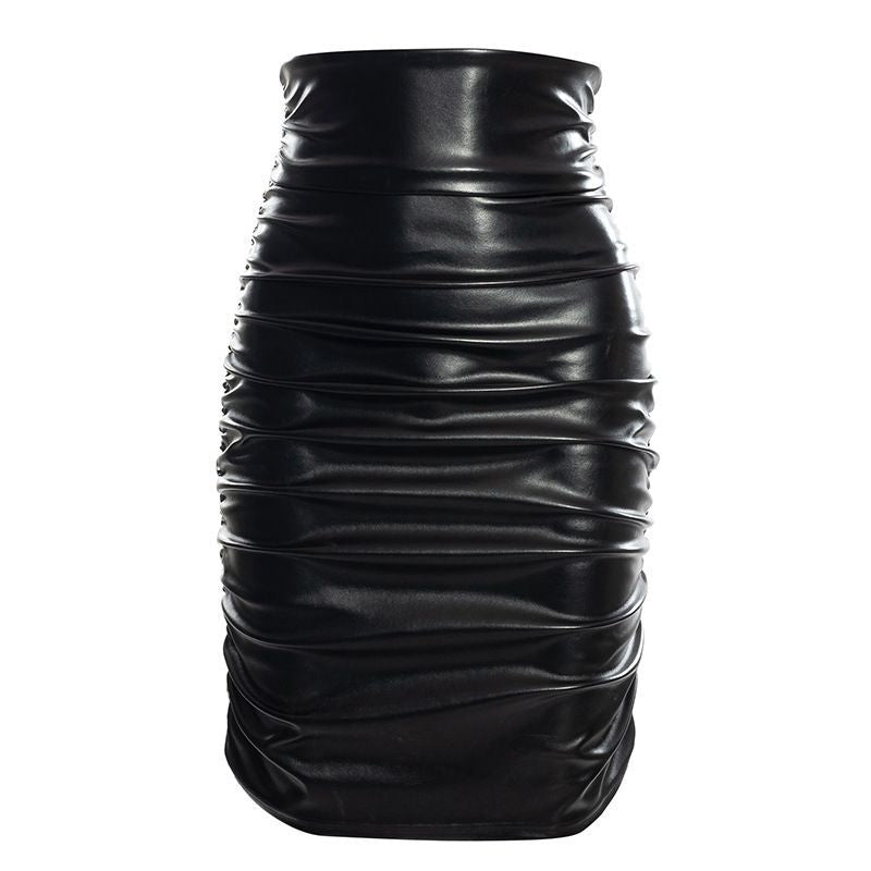 Pleated Solid Color PU leather Sheath Skirt