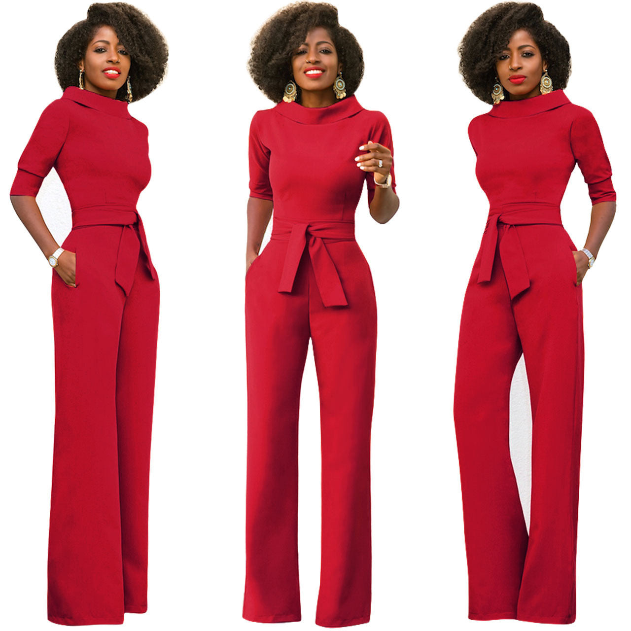 Solid Color Five Quarter Sleeve High Waist Wide Leg Jumpsuit