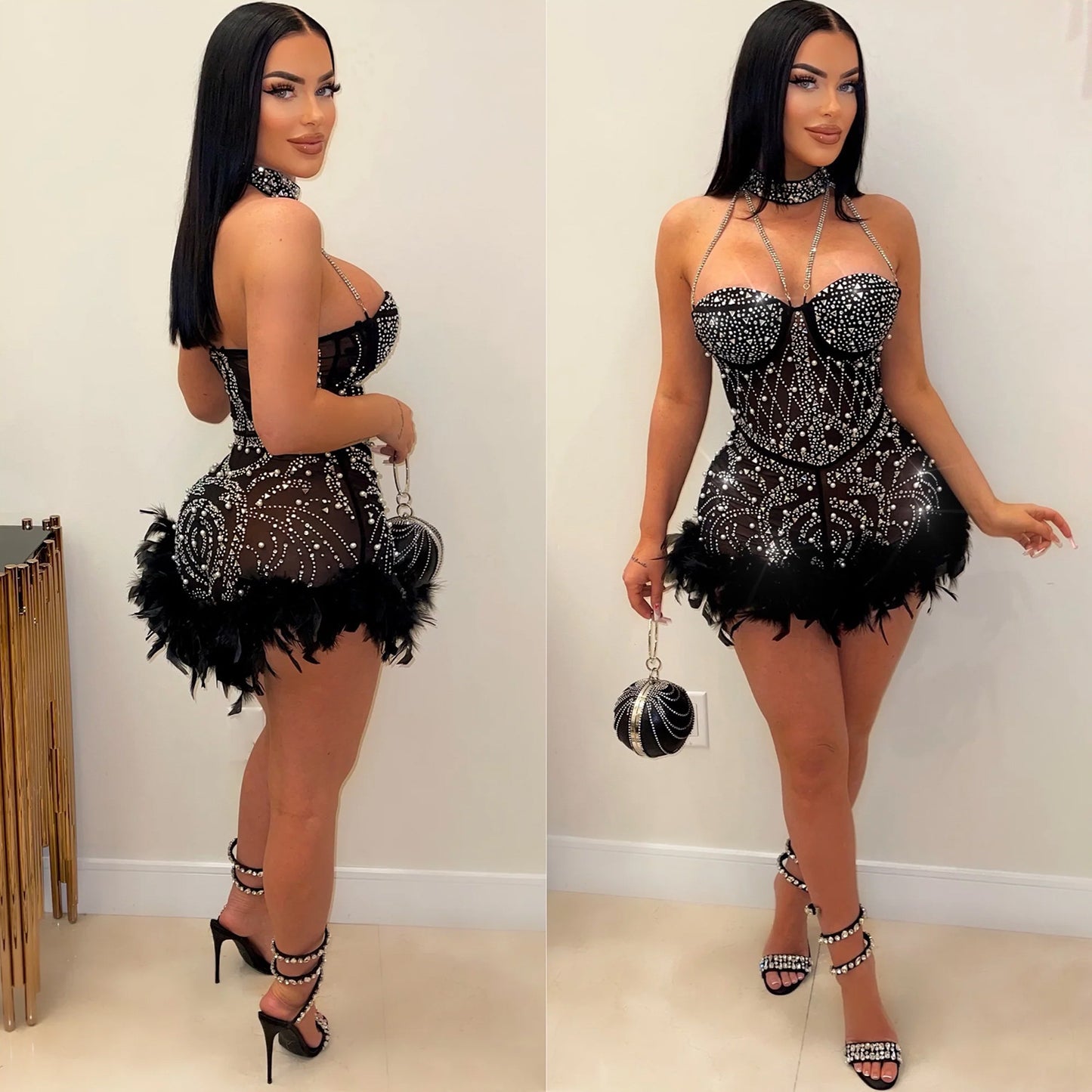 Mesh See-through Nightclub Jumpsuit Feather