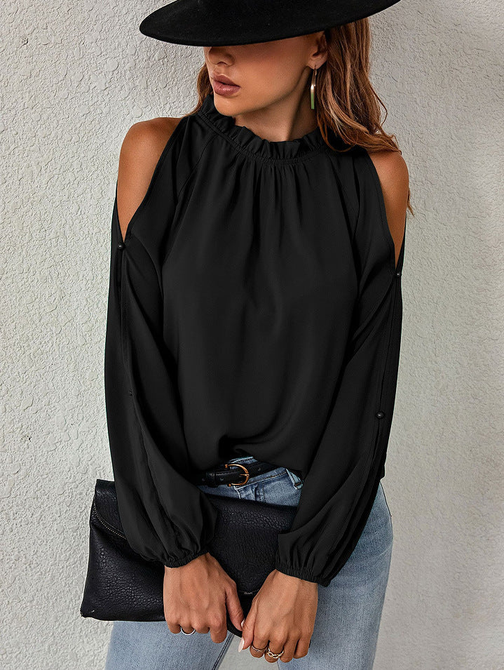 Ruffle Round Neck Long Sleeve Pleated Off-shoulder Top