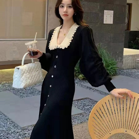 French Style Classic Style Lace Collar Bubble Long Sleeve Knitted Dress