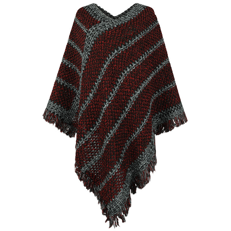 Contrast Color Striped Ethnic Style Tassel Pullover Cloak Shawl