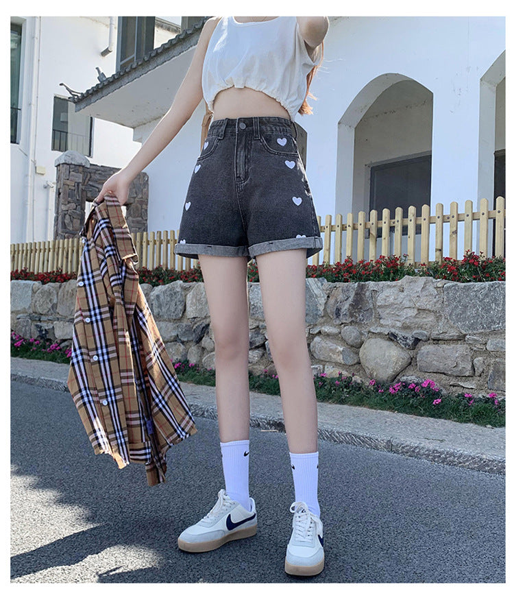 Hearts cute High-Waist Slimming Denim Shorts