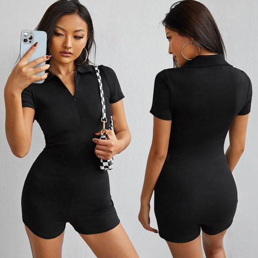 Women's Short-sleeved V-neck Tight Jumpsuit