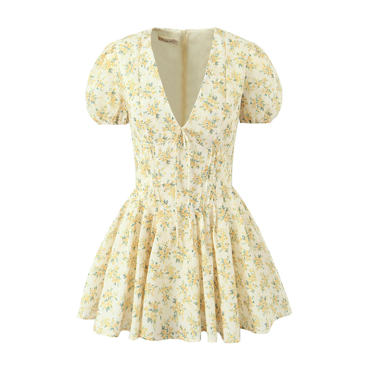 French Sweet Yellow With Dazzle V-neck Puff Sleeve Dress