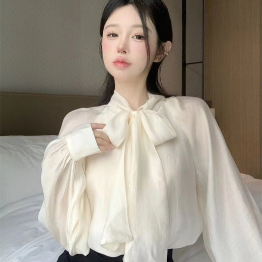 French Style Temperament Tie Bow Loose And Stylish Long Sleeves top