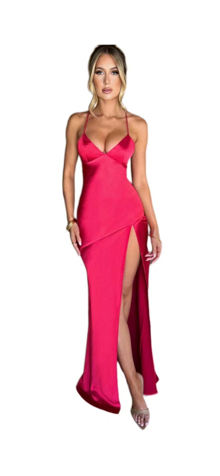 Women's V-neck Brace Satin Split Backless Long Dress