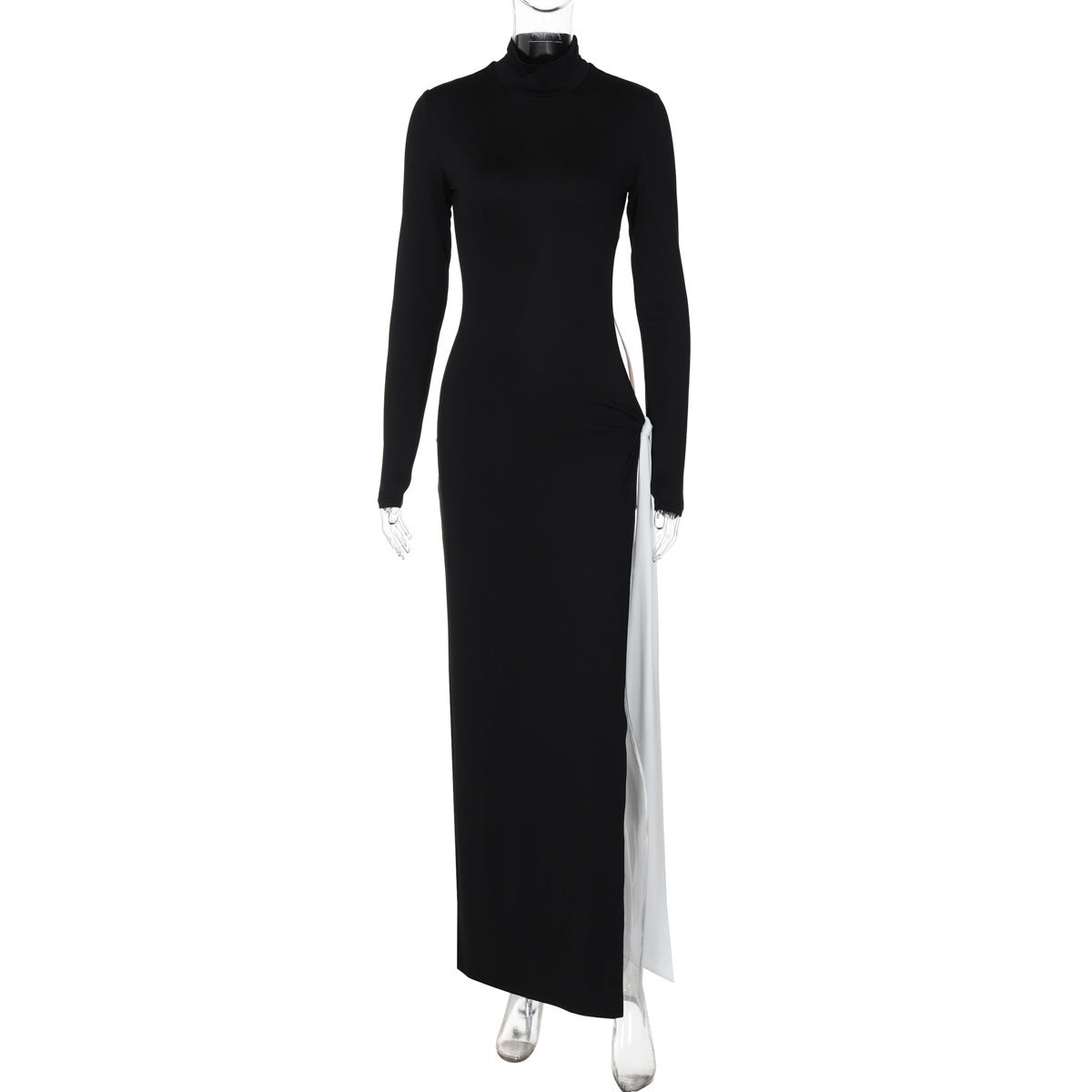 High Collar Long Sleeve Sexy Slit Contrast Color Ribbon Black Dress