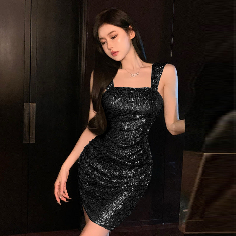 Square Collar Sequins Irregular Slim-fit Dress