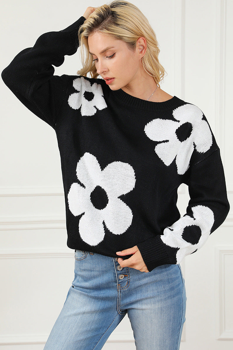 European And American Fashion Floral Print Warm Sweater Woman