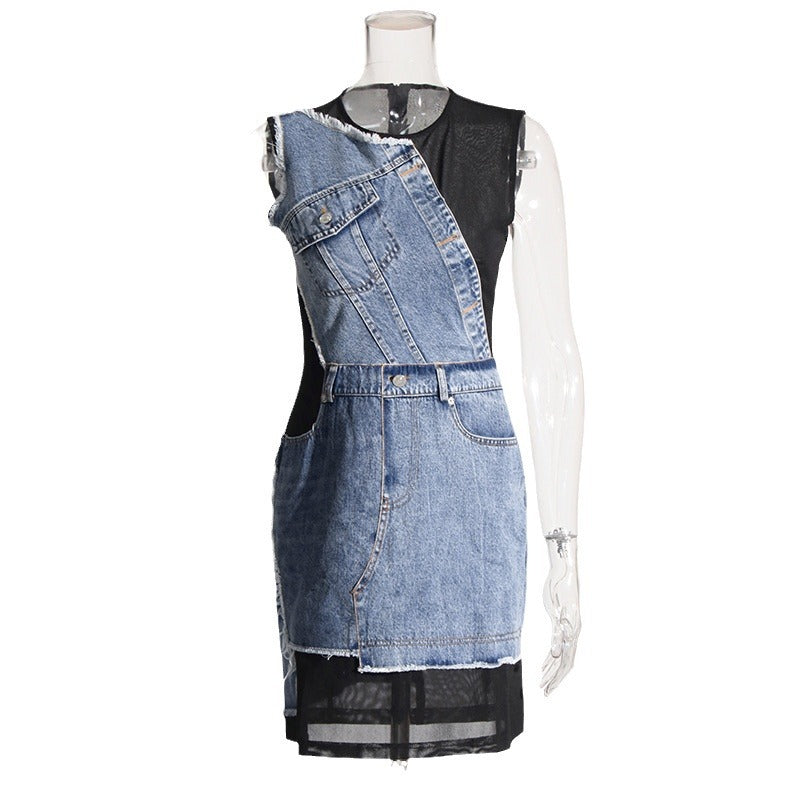 Women's Round Neck Sleeveless Denim Stitching Mesh Zipper Dress