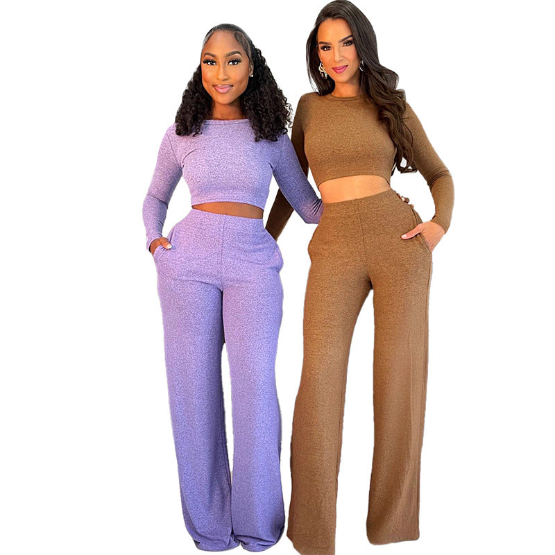 Autumn And Winter New Cross-border Fashion Midriff-baring Long Sleeve Top And Trousers Leisure Suit