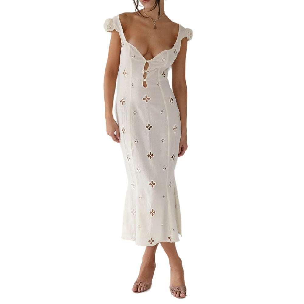 Trendy Mid-length Cotton Embroidered Dress