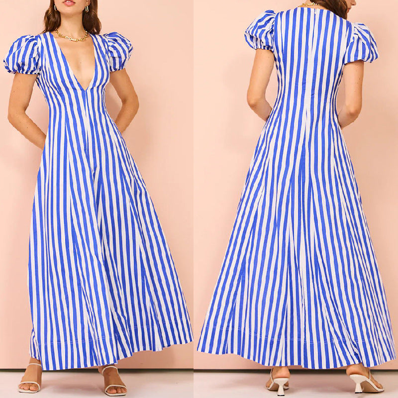 Fashion Striped Puff Sleeve Dress