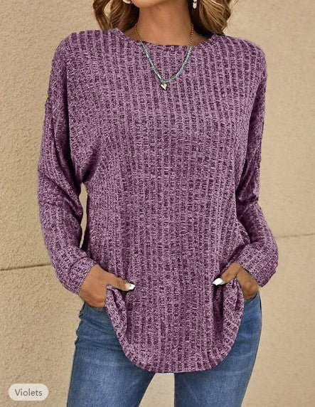 Knitted Round Neck Sunken Stripe Sweater