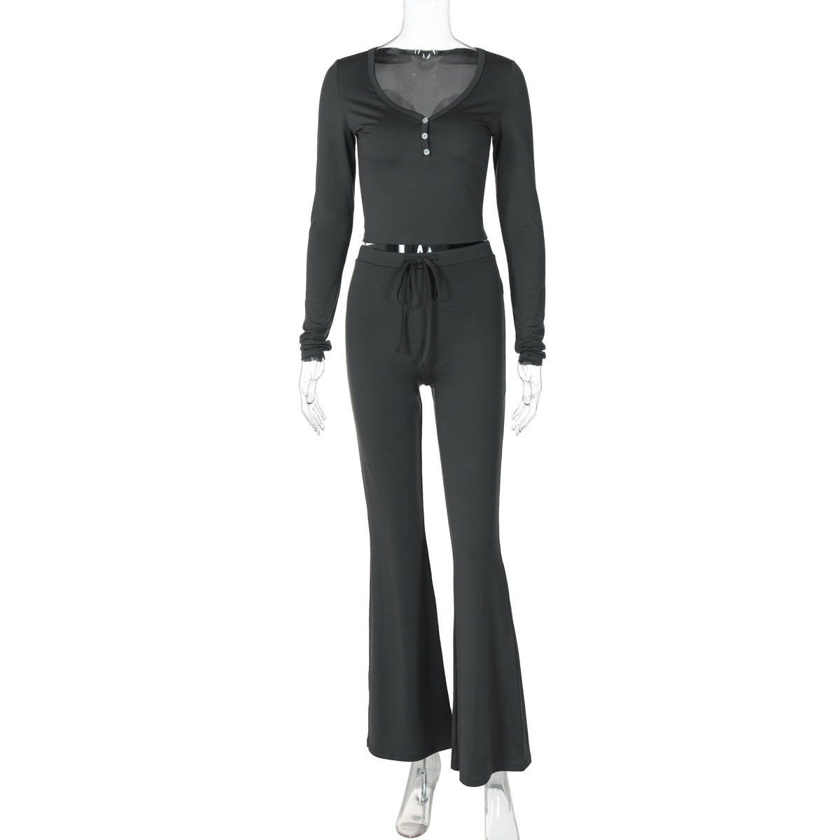 Solid Color Long Sleeve Fashion Drawstring Trousers Two-piece outfit